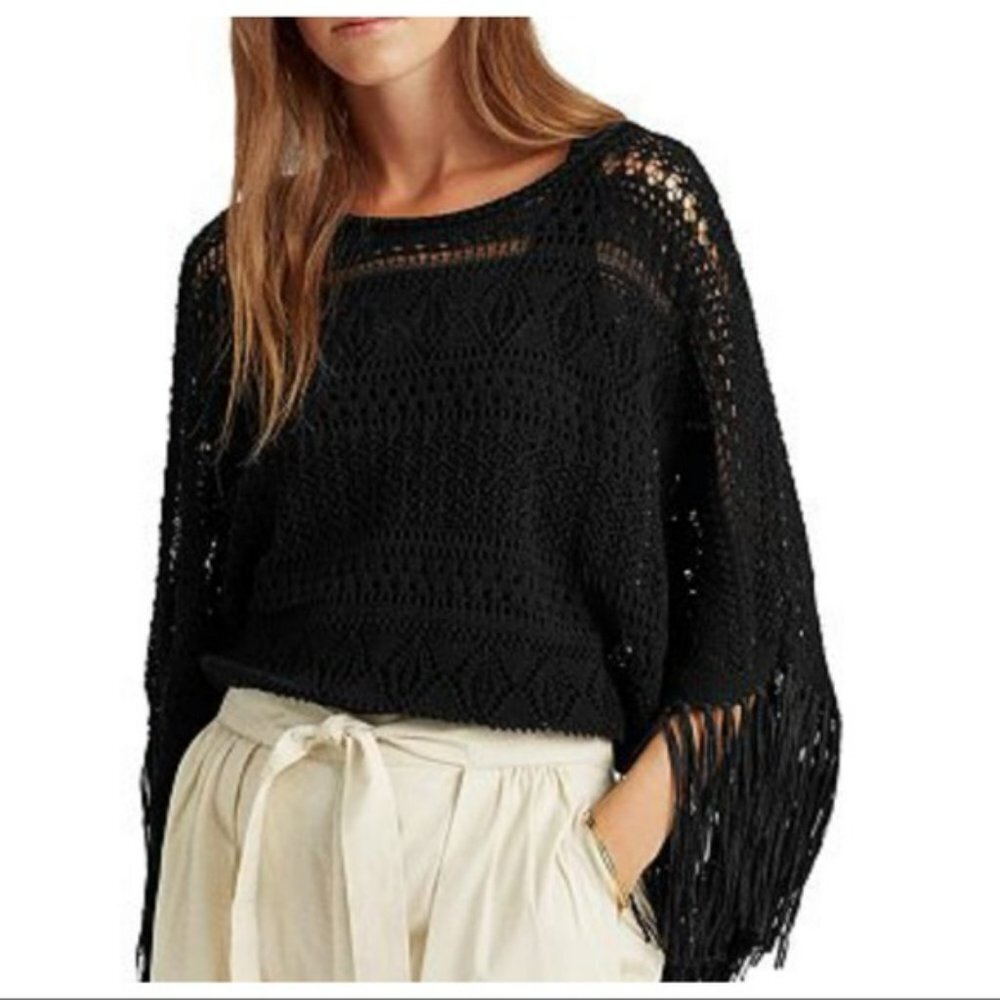NWT New $145 Ralph Lauren Black Knit Fringe Sleeve Top Size M/L Petite